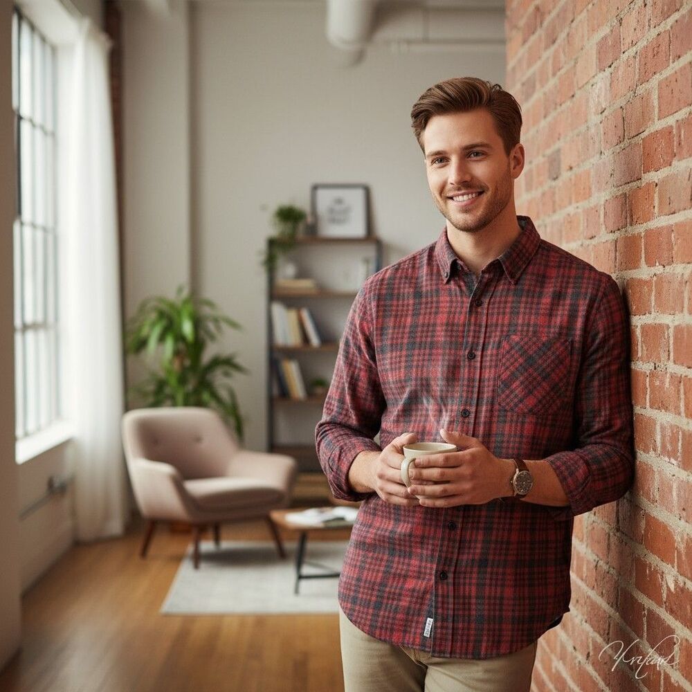 REDMOND Standard Fit Red/Black Plaid Fleece Flannel Men's Shirt Size M